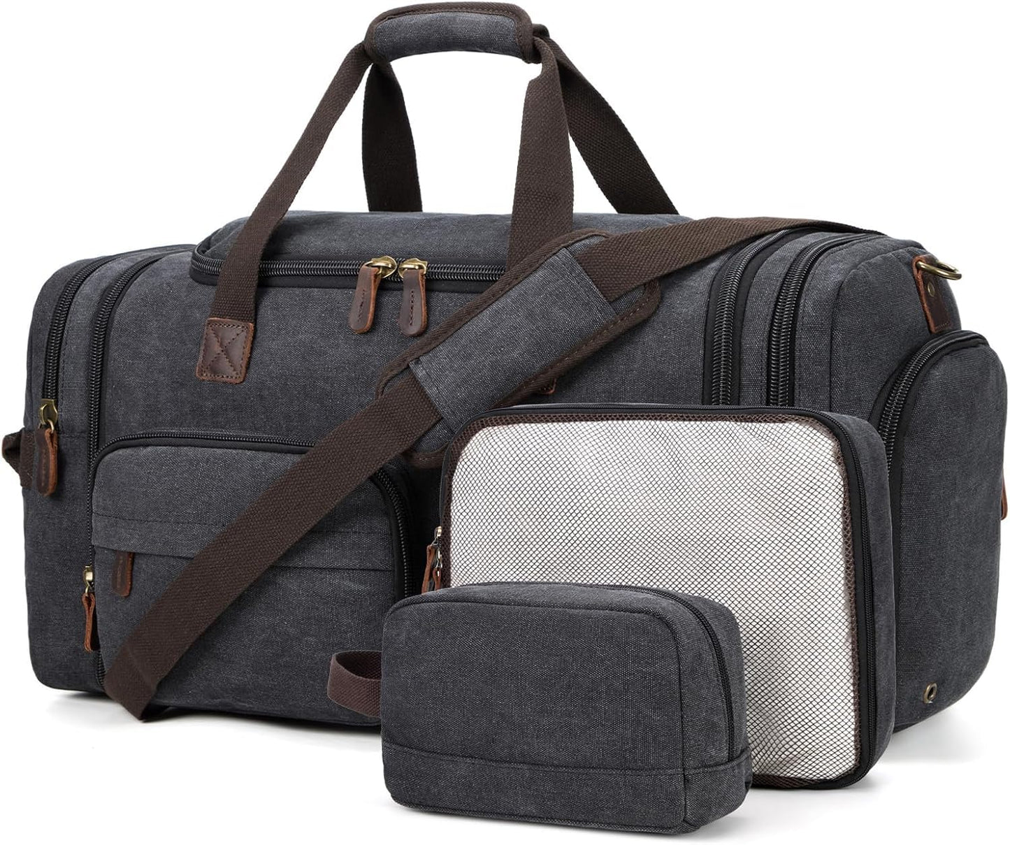 Mens Duffle Bag for Travel 60L Expandable Canvas Weekender Overnight Travel Duffel Bag with Shoe Compartment Carry-On for Airplanes Dark Gray