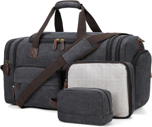 Mens Duffle Bag for Travel 60L Expandable Canvas Weekender Overnight Travel Duffel Bag with Shoe Compartment Carry-On for Airplanes Dark Gray