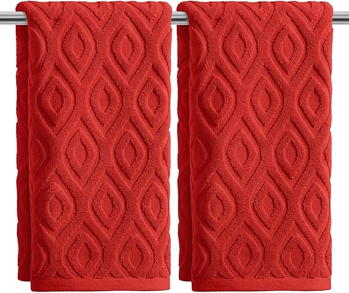 Artoid Mode 2 Pcs Red 3D Diamond Grid Jacquard Hand Towels