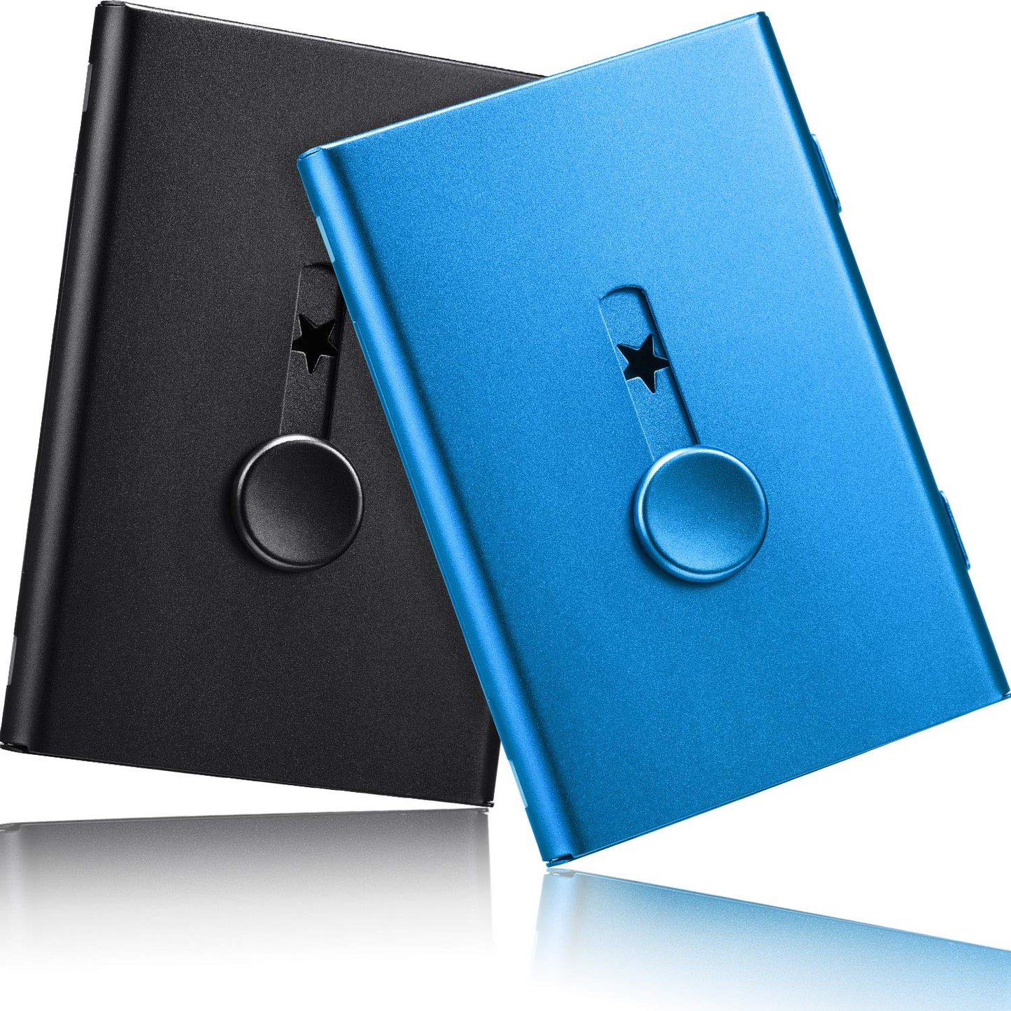Tatuo 2 Pcs Black/blue 2 Pack Thumb Drive Business Card Holder Stainless Steel Business name Card Case Portable Slide Out name holder Wallet Nice Design pocket for Men and Women