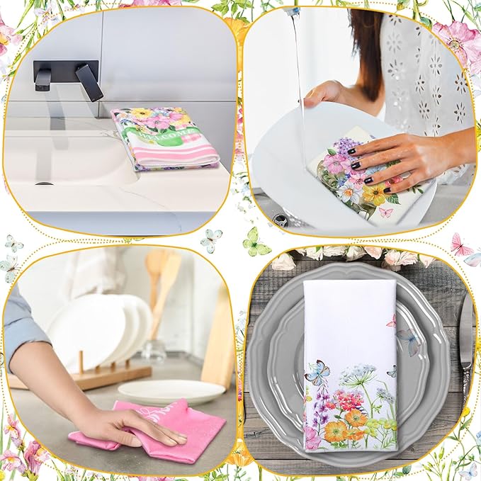 Bencailor 4 Pcs Pink Floral Kitchen Towels Pink and White Flower Hand Dish