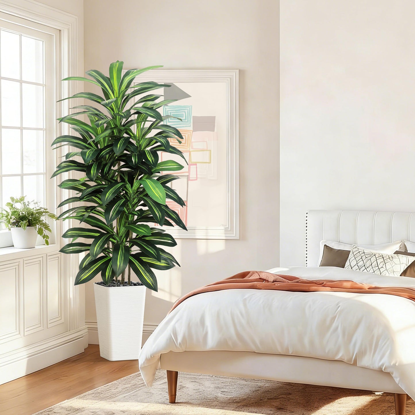Artifical Dracaena Tree Indoor, 5FT Tall Fake Floor Plants with White Planter, Fuax Silk Yucca Tree for Home Office Living Room Bedroom Farmhouse Modern Outdoor Topiary Tree