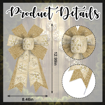 Hying 2 Pieces Christmas Bows for Wreath, Christmas Wreath Bow Glitter Golden Xmas Bows Winter Snowflake Craft Bows Ornaments for Front Door New Year Christmas Party Decoration Supplies
