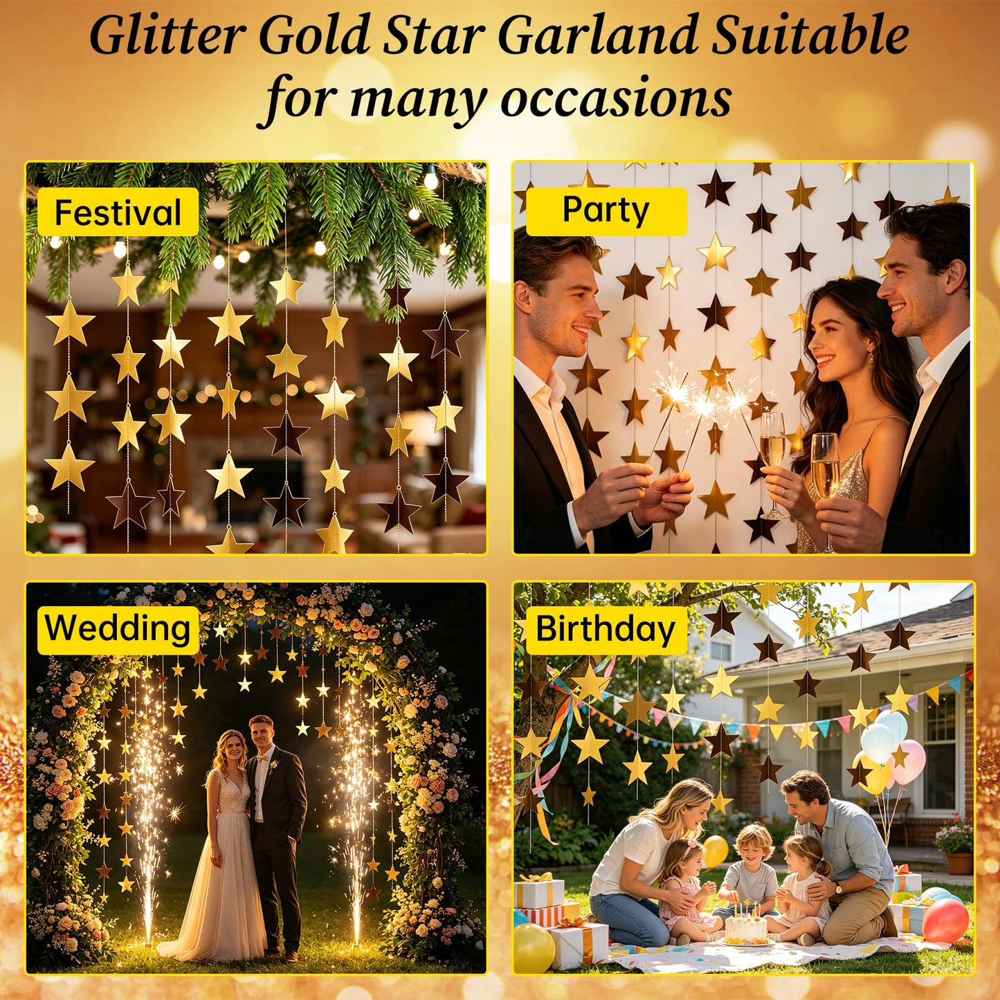 10 Pack Gold Star Garland 130FT Hanging Star Decorations, Double Sided Glitter Star Banner Streamers, Paper Star Garland for Party Wedding Birthday Graduation Ceiling Wall Decor