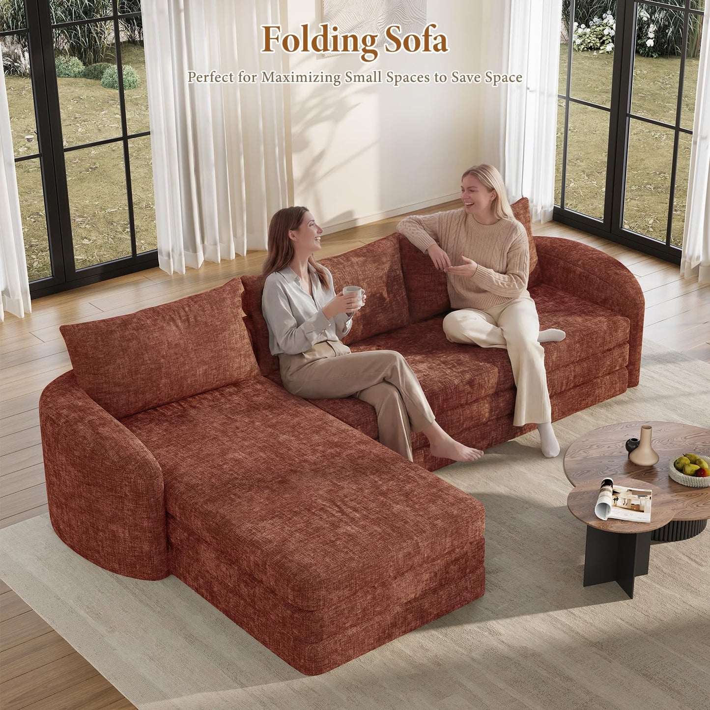 Vesgantti 110.2" Modular Sectional Sofa with Curved Armrest, 6 in 1 Convertible Folding Sleeper Sofa Bed, Chenille Boneless Couch for Living Room, No Assembly Required, Orange, Left Facing Chaise