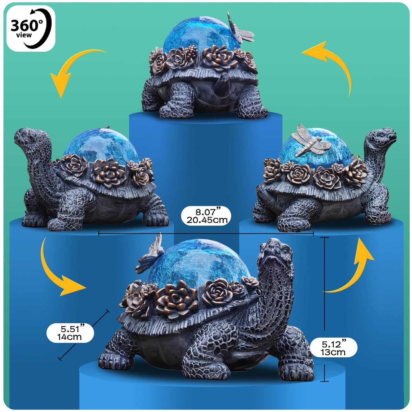 Vlyrofea Outdoor Turtle Statue – Resin Animal Figurine with Blue Crystal Solar Lights,Golden Succulent Accents & Dragonfly Decor, Cute Garden Ornament, Yard Art for Lawn, Patio,Mom Wife Unique Gifts