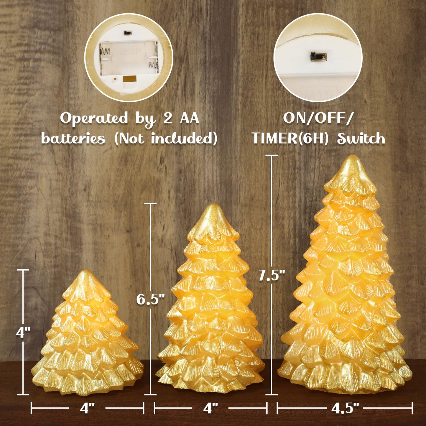 FLAVCHARM Gold Christmas Tree Flameless Candles with Remote Battery Operated Flickering LED Tabletop Lighted Xmas Tree Figurines for Fireplace Home Decor Indoor Holiday Christmas Gifts