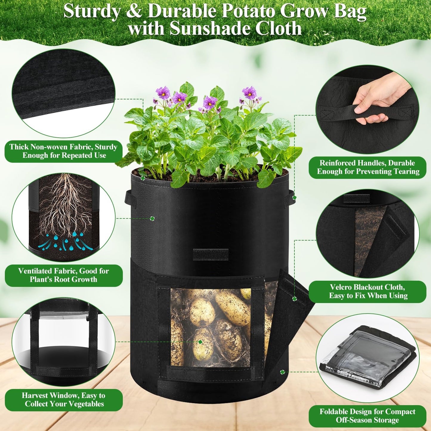 4 Pack 10 Gallon Potato Grow Bags with 360°Visible Window, Heavy Duty Thickened Nonwoven Fabric Plant Grow Bag with Sunshade Cloth, Reusable Garden Grow Bags for Potatoes, Vegetables, Flowers