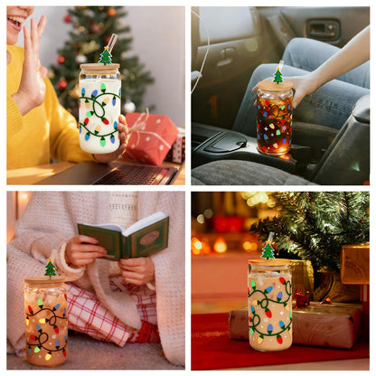 Joyseller Christmas Gifts, 18oz Color Changing Christmas Lights Iced Coffee Can Glass, X-mas Glass Cup with Lid and Straw, Holiday Tumbler