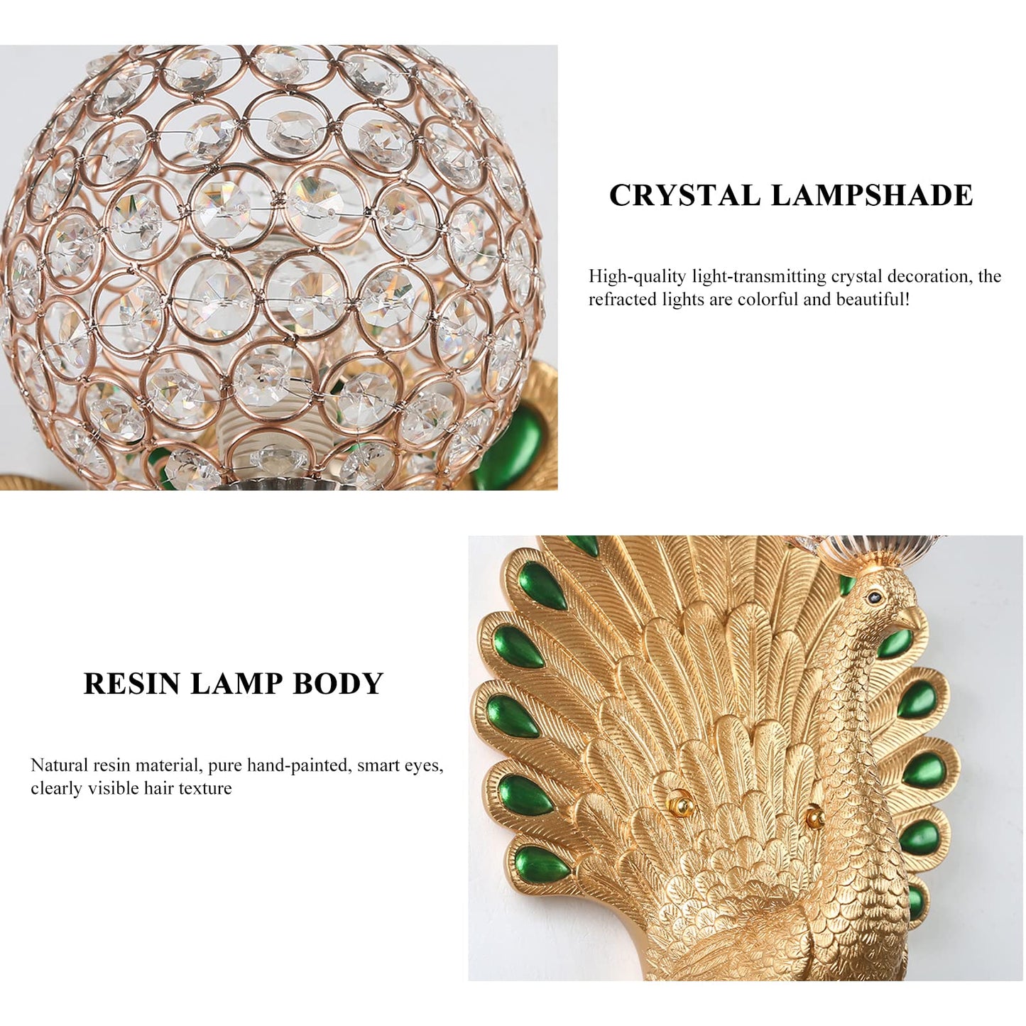 CEKUXPS Modern Resin Peacock Light Wall Sconce, Gold Crystal Wall Lamp, 20.4" x 12.2" x 12.2", Living Room, Bedroom, Kitchen, Dining, Study, Hallway