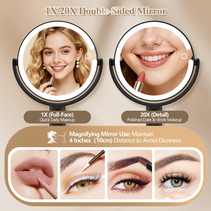 Makeup Mirror with Lights, Double Sided 1x/20x Magnifying Mirror with Light, Rechargeable 3 Color Lights and Adjustable Brightness, 360° Rotation Detachable Comes with Tweezer(Black)