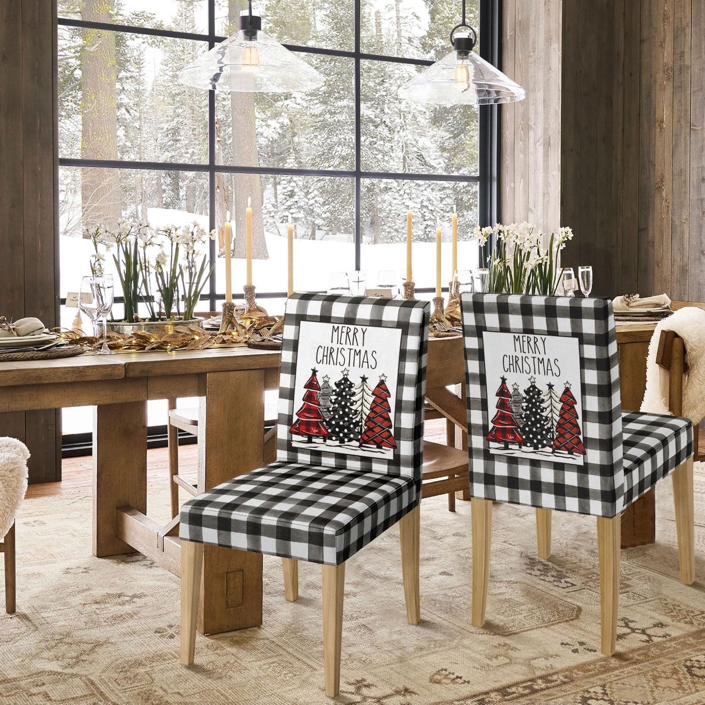 Horaldaily 4PCS Christmas Dining Chair Covers, Black Buffalo Plaid Trees Stretch Removable Washable Slipcover Chair Protector for Dining Room Home Decor