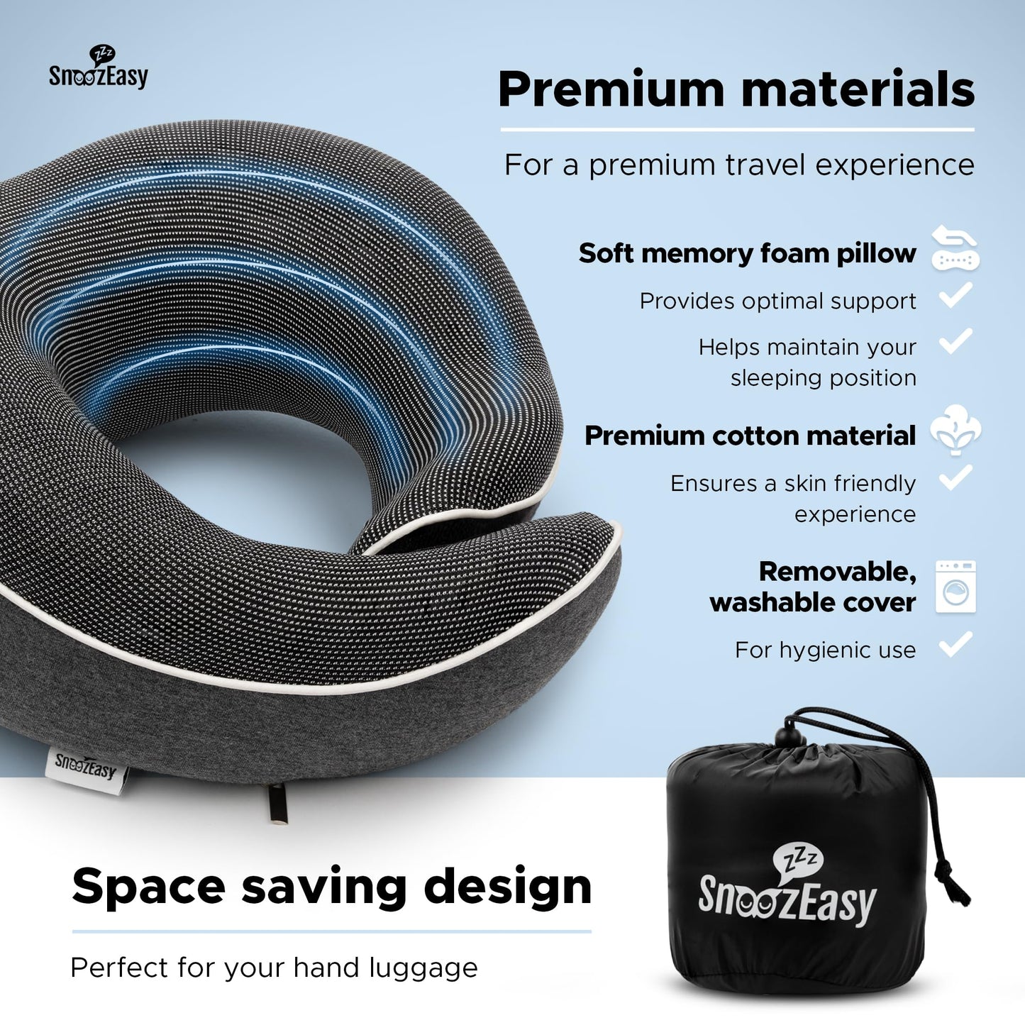 SnoozEasy™ Travel Pillow for Adults | Memory Foam 360 Degree Neck Support with Removable Pillow Case | Includes Travel Bag, Eye Mask and Ear Plugs | Dark Grey | UK Brand