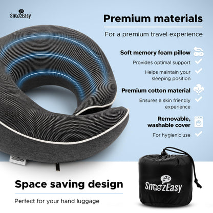 SnoozEasy™ Travel Pillow for Adults | Memory Foam 360 Degree Neck Support with Removable Pillow Case | Includes Travel Bag, Eye Mask and Ear Plugs | Dark Grey | UK Brand