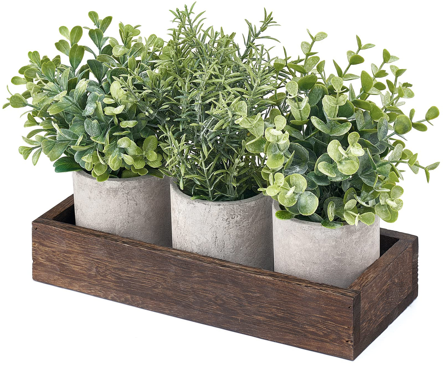 Dahey 3 Pack Mini Potted Artificial Eucalyptus Fake Plants with Wood Tray Centerpiece Table Decorations, Farmhouse Pulp Flower Pots Greenery Home Decor for Coffee Table Dining Room Office Kitchen