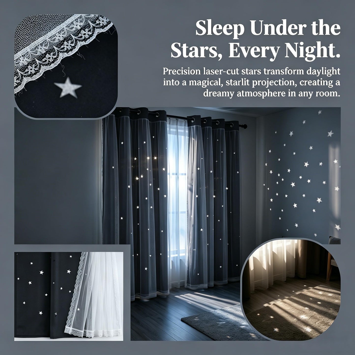 Kinryb Blackout Curtains for Girl Bedroom/Living Room/Classroom, Sheer Overlay 63 Inches 2 Panel Set, Double Layer Curtains with Star Cutout for Kids Room(W 52 x L 63 Inches,Grey 2 Pcs)