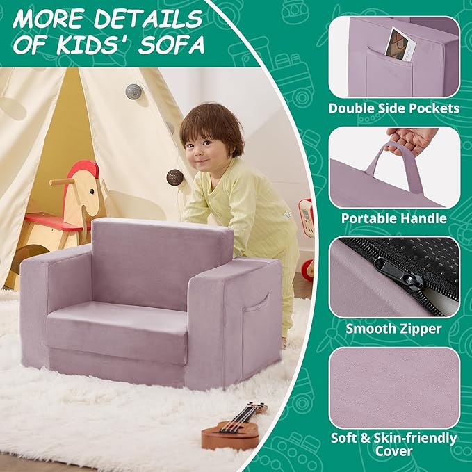 Kids Couch, 2-in-1 Toddler Chair Comfy 1-3 Years, Convertible Kids Chair