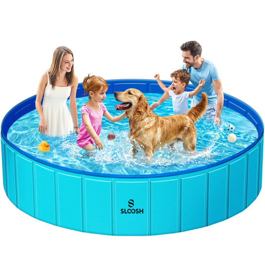 Sloosh Foldable Dog Kiddie Pool - Portable Hard Plastic Doggie Swimming Pool, Anti-Slip Collapsible Pets Bath Tub Suitable for Kids Indoor Outdoor Backyard Use (71" x 12", Blue)