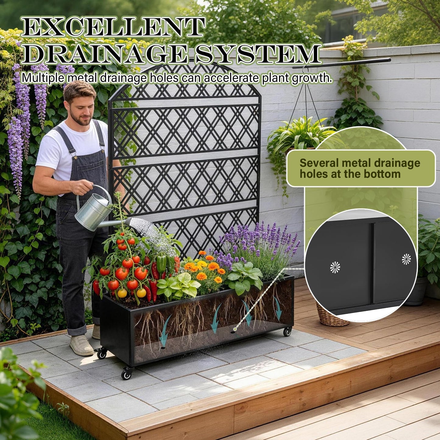 Metal Planter Box with Trellis Raised Garden Bed on Wheels Galvanized Steel Privacy Screen for Patio,Large Self-Watering Container with Drainage Holes for Climbing Plants Vegetables Flowers (Dome)