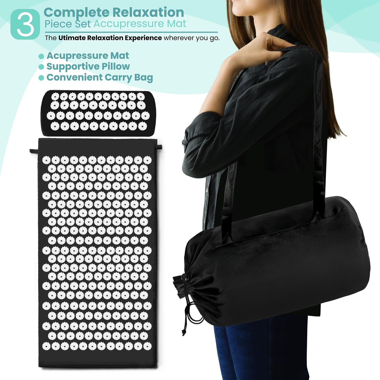 Sivan Back and Neck Pain Relief Acupressure Mat and Pillow Set, Chronic Back Pain Treatment - Relieves Your Stress of Lower Upper Back and Sciatic Pain - Black