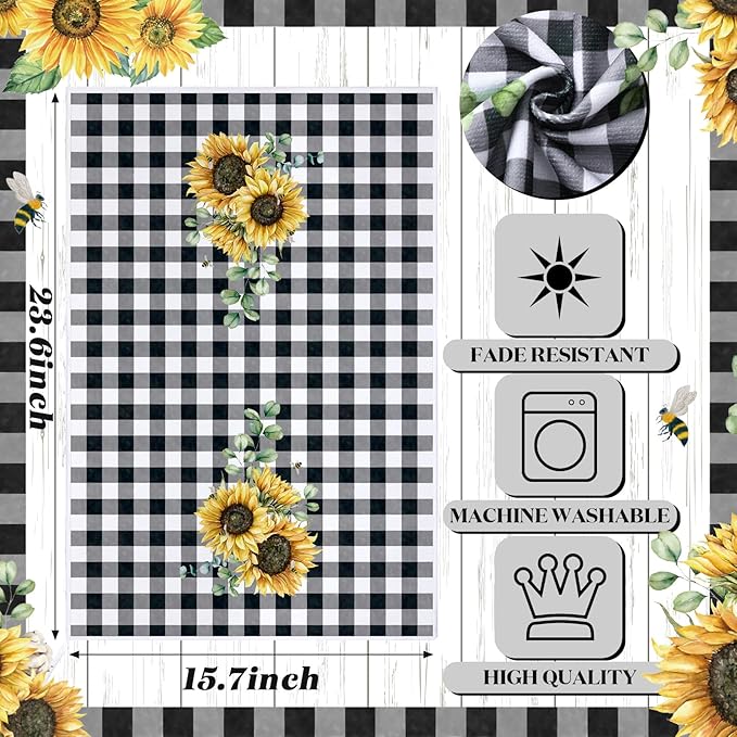 Bencailor 4 Pcs Sunflower Kitchen Towels Summer Black and White Tea Towels