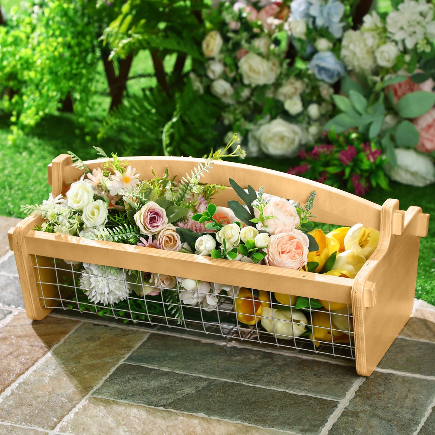 Teenyyou Large Garden Hod Harvest Basket 19 x 11 x 6 Inch, Wooden Gathering Basket with Handle Wire Mesh for Gardening Christmas Gardener Gifts Outdoor Picking Washing Holding Fruits Vegetables