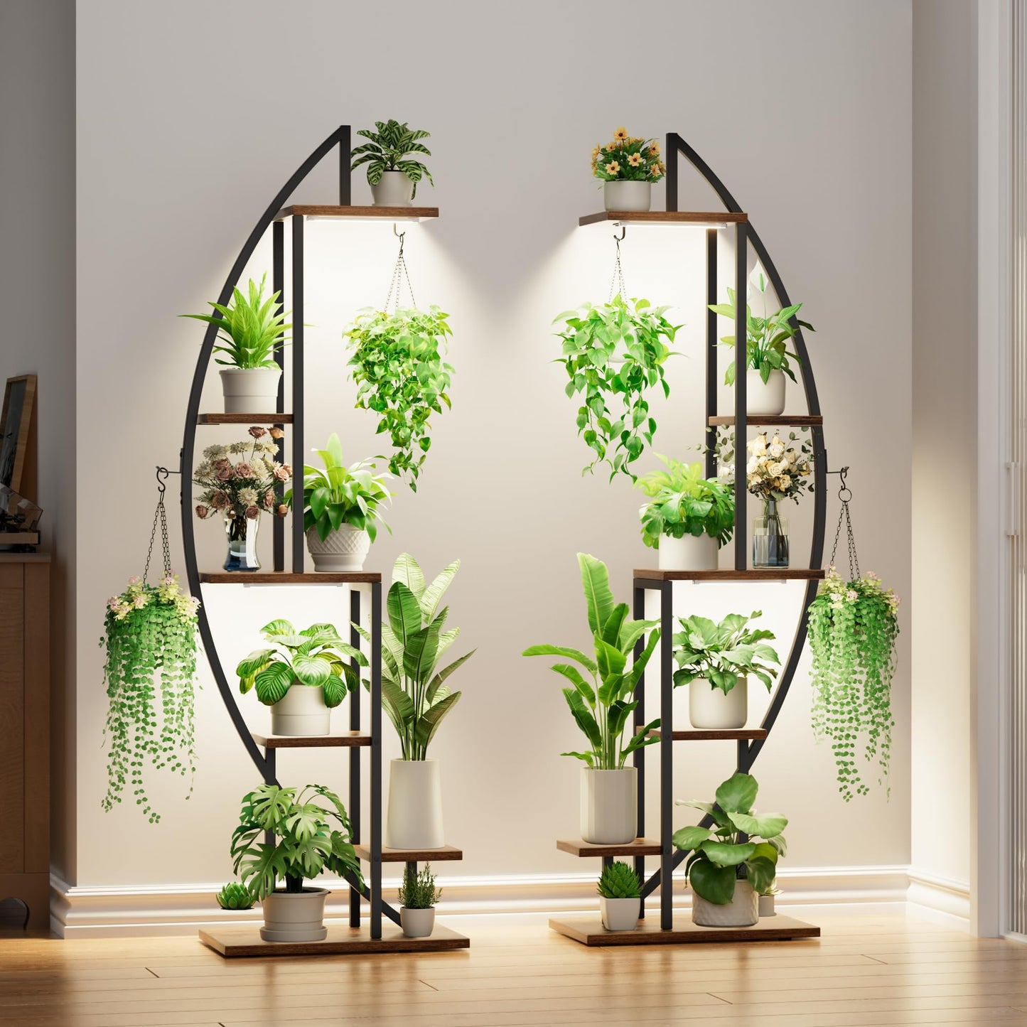 BACEKOLL Plant Stand Indoor with Grow Lights, 6 Tiered Tall Plant Shelf, 63" Metal Plant Stand for Indoor Plants Multiple, Half-Moon Plant Rack Display Shelf, 2 Pcs Plant Holder for Living Room, Patio