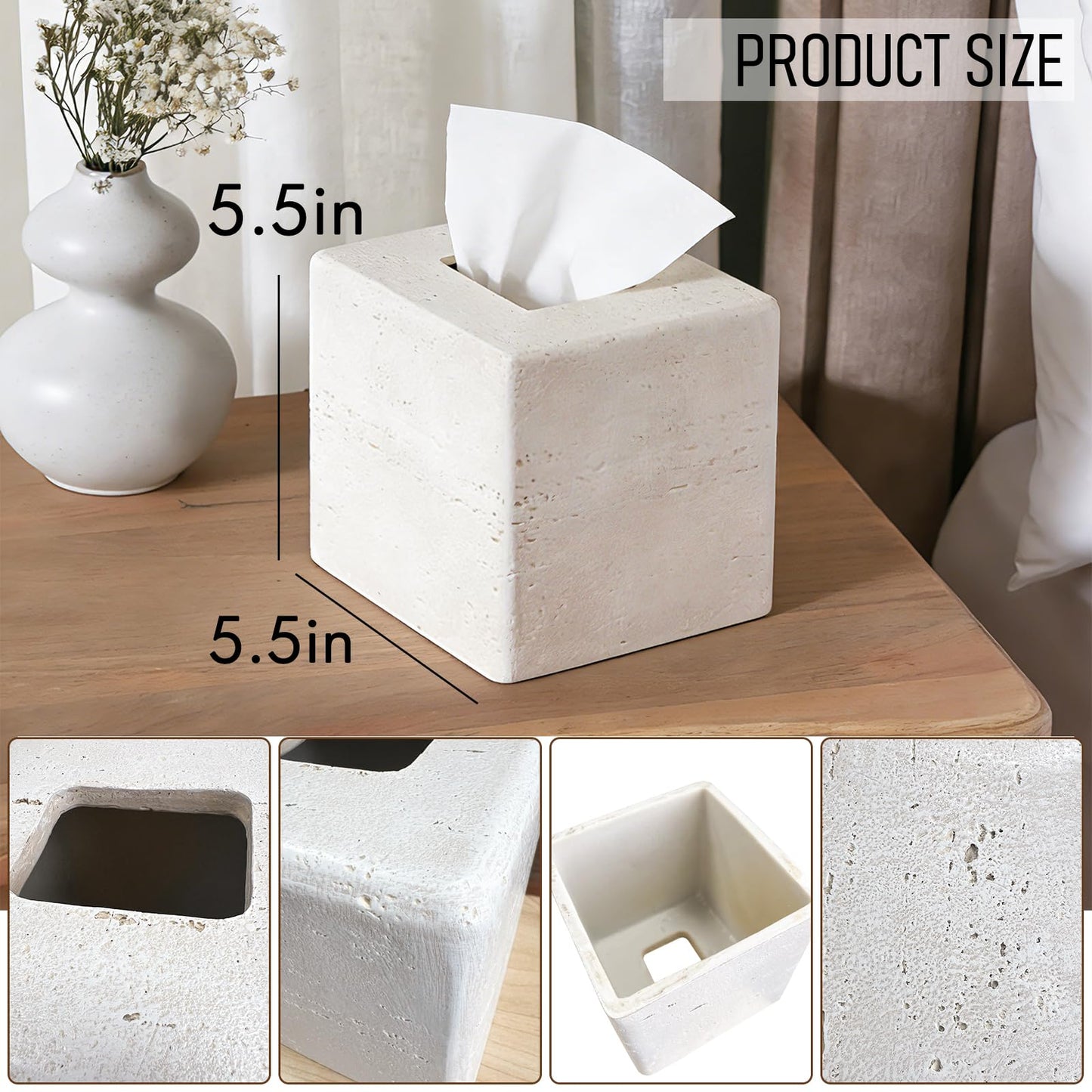 Decorative Square Tissue Box Cover – White Resin Tissue Holder for Bathroom, Bedroom, Countertop, Modern Stone-Look Tissue Box