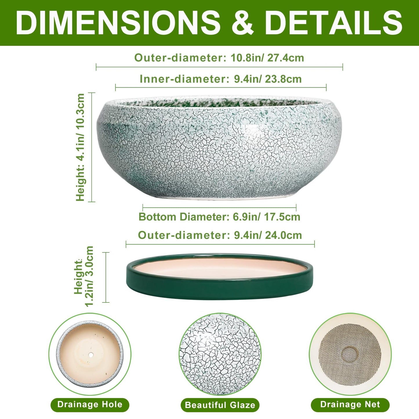 EPFamily Succulent Planters 10 Inch - Ceramic Bonsai Pots with Drainage Hole and Saucer, Large Succulent Pots Indoor, Shallow Planter, Round Bowl Planter Outdoor, Patio Decor, Plant Lover Gift, Green
