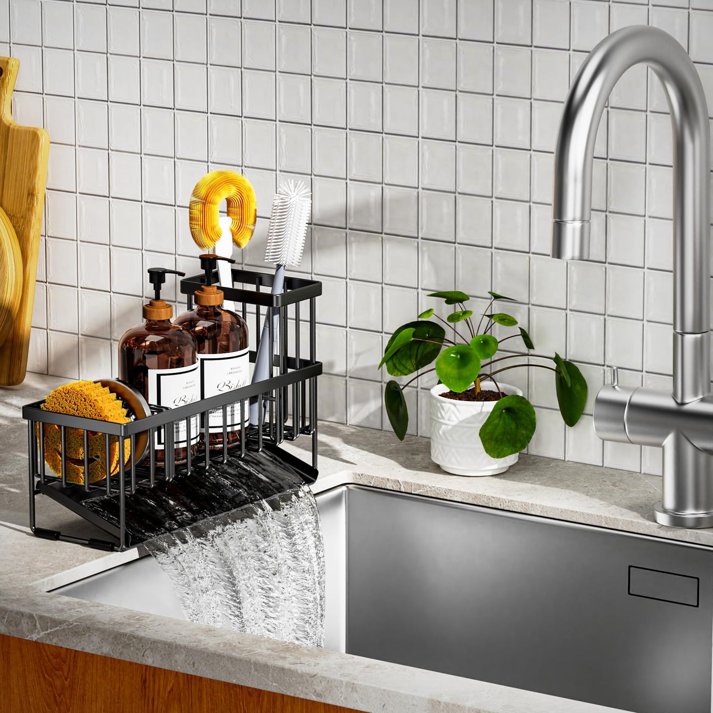 Cisily Kitchen Sink Caddy Organzier with High Brush Holder, Sponge Holder for Sink, 304 Rustproof Stainless, Kitchen Countertop Soap Dispenser Organizer, Kitchen Decor and Accessories