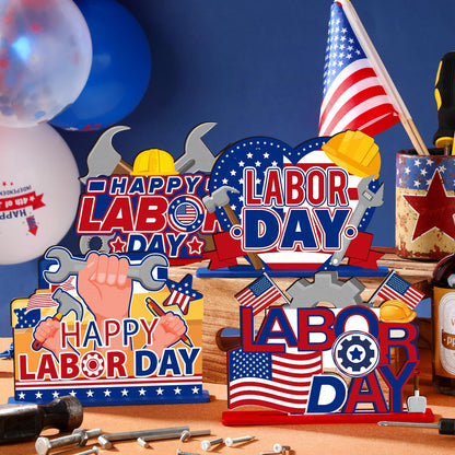 6 Pcs Labor Day Decoration Wooden Party Table Centerpieces Supplies Patriotic Theme Table Decorations for American Labor Day Party