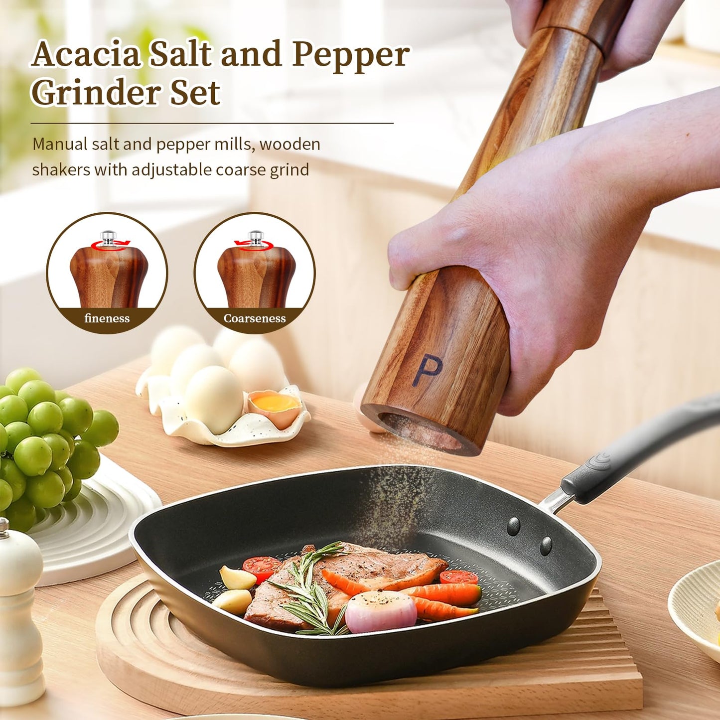 Haomacro 2 Pack 10 Inch Acacia Wooden Salt and Pepper Grinder Set, Manual Salt and Pepper Mills, Salt Grinder Refillable with Adjustable Coarseness, Ceramic/Stainless Steel Core Tableware Gifts