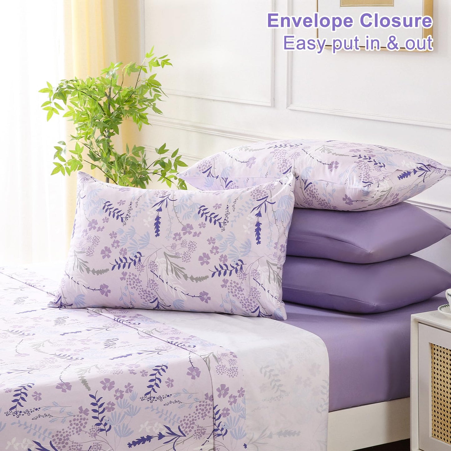 Botanical 6-Piece Full Size Sheets Set, Boho Floral Print Brushed Microfiber Sheets, Cooling Bed Sheet Set, Ultra Soft & Breathable, 16' Deep Pocket Fitted Sheet & Pillowcase Set, Purple Floral