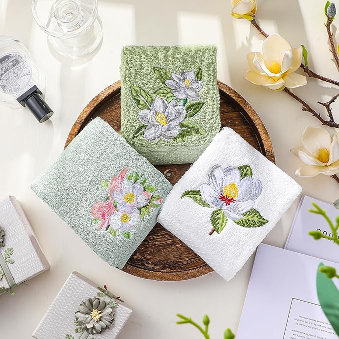 Magnolia Floral Hand Towels Farmhouse Green White Magnolia Bathroom Decor 14x29
