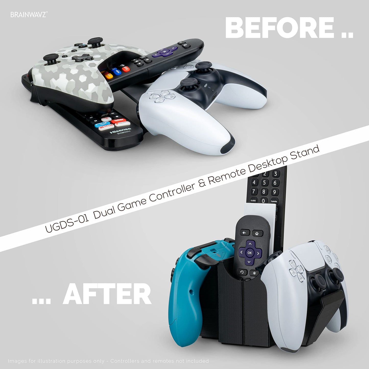 BRAINWAVZ Dual Game Controller & Storage Desktop Holder, Universal Design for Xbox ONE PS5 PS4 PC Gamepads, Reduce Clutter, UGDS-01