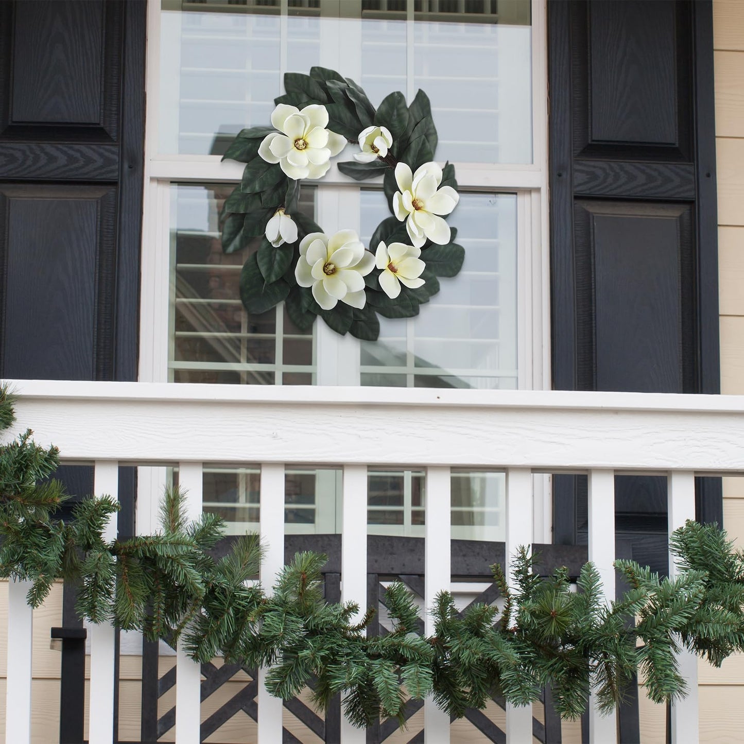 24 Inches Christmas Magnolia Wreath Artificial White Magnolia Christmas Decoration Farmhouse Greenery Wreath for Front Door Wall Home Window Holiday Outdoor Xmas Decor Entryway Patio Porch Garden