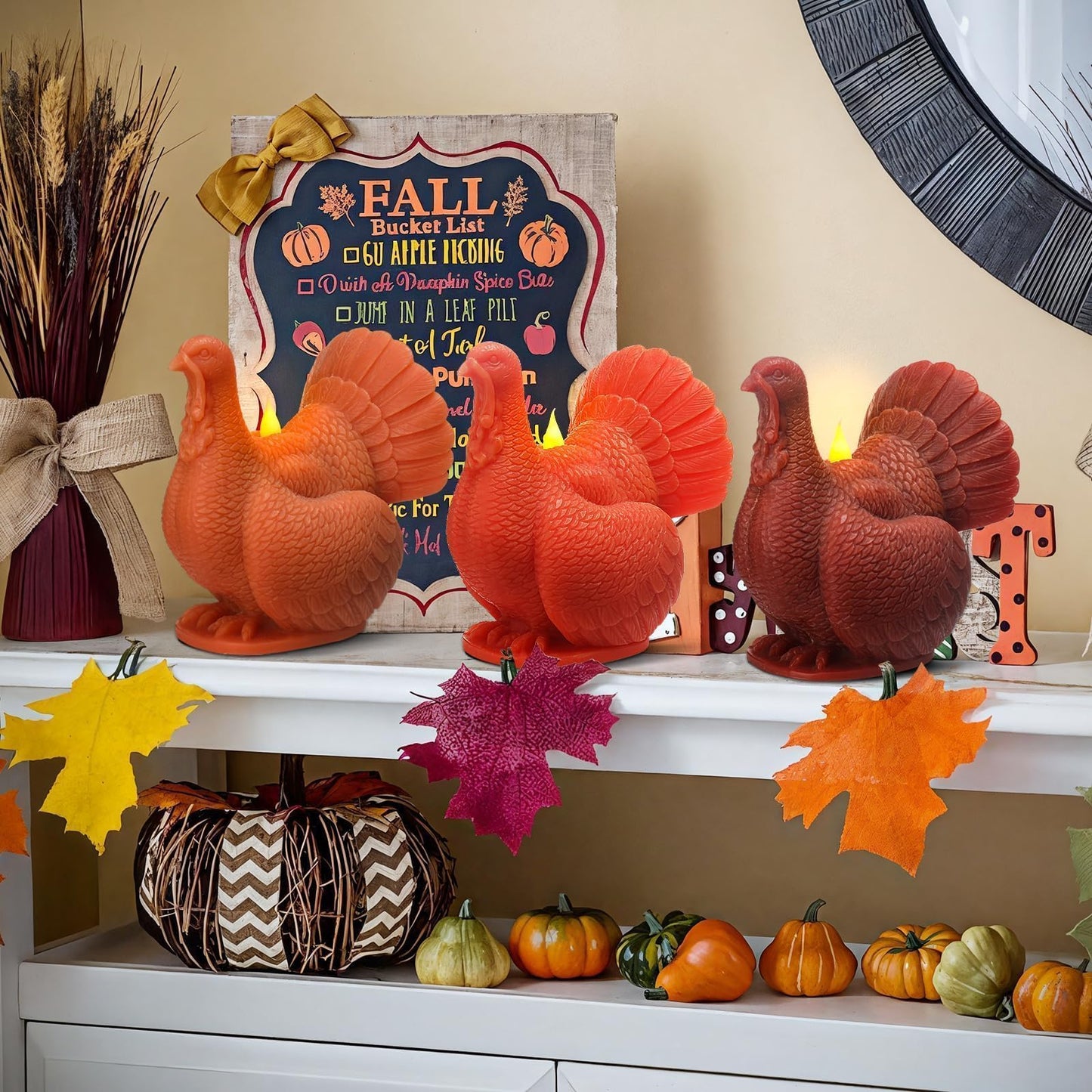 LCZLUMIPRO Set of 3 Autumn Harvest Flameless Candles - Real Wax Turkey Shaped LED Candles with Remote Timer, Battery Operated for Fall Thanksgiving Table & Winter Home Decor