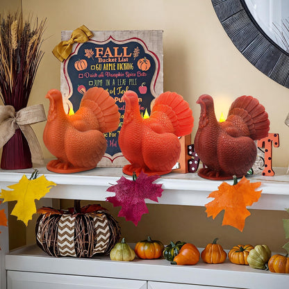 LCZLUMIPRO Set of 3 Autumn Harvest Flameless Candles - Real Wax Turkey Shaped LED Candles with Remote Timer, Battery Operated for Fall Thanksgiving Table & Winter Home Decor