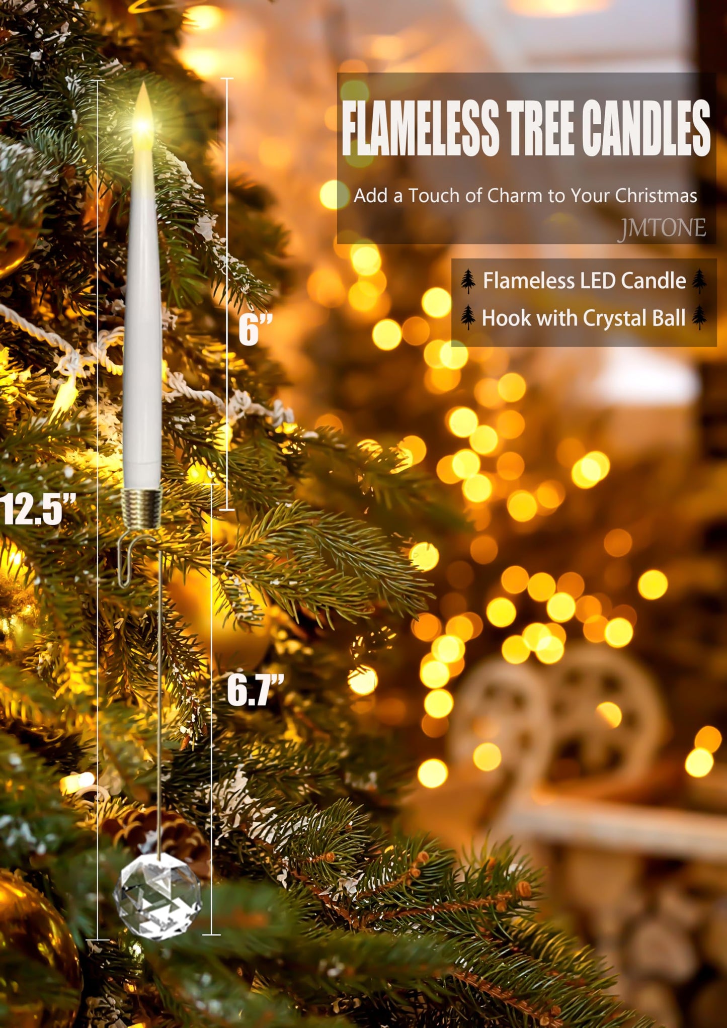 Christmas Tree Candles, 12 Pack Flameless Taper Candles for Christmas Tree Decor, Battery Operated with Remote Flickering LED Candles with Clear Crystal Ball Gold Hook for Xmas Gift Wedding Home Decor