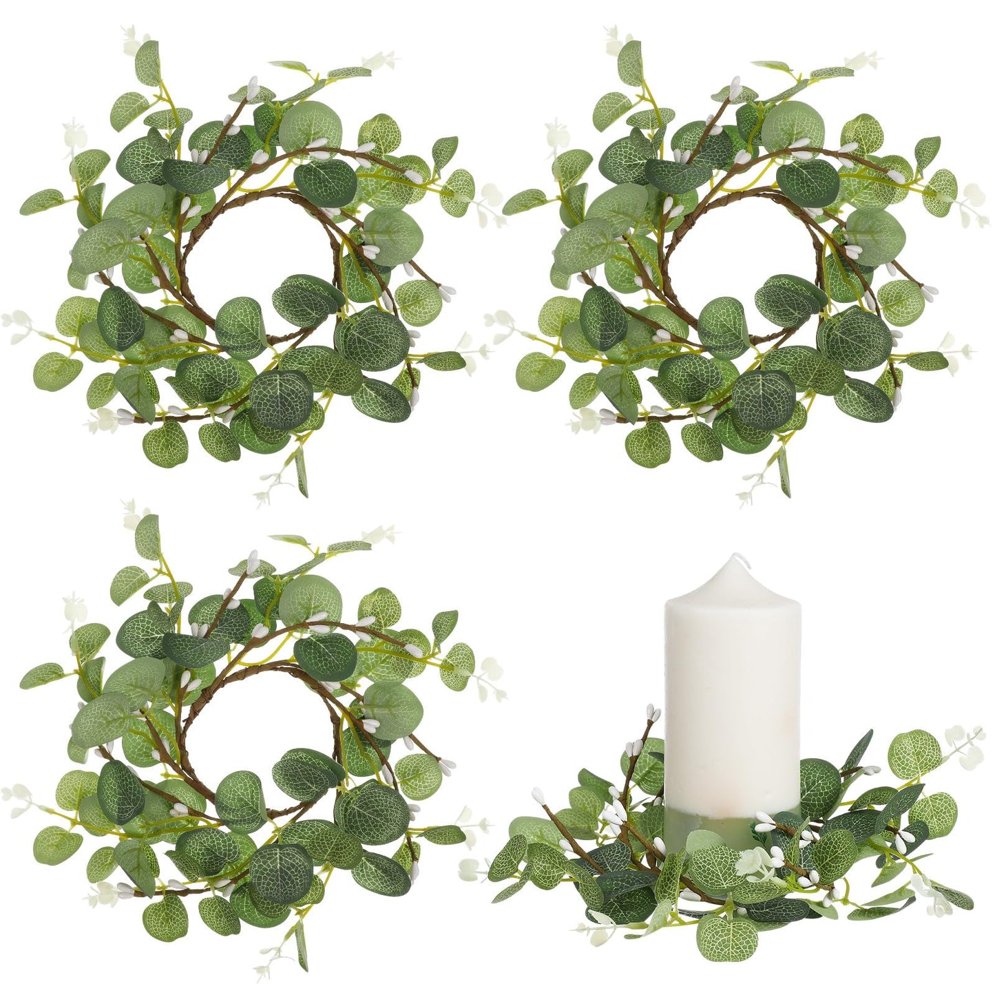 Healeved 4pcs Eucalyptus Wreaths Small Spring Candle Rings Wreaths Easter Candle Rings for Pillars, 9. 43x9. 43x0. 79in