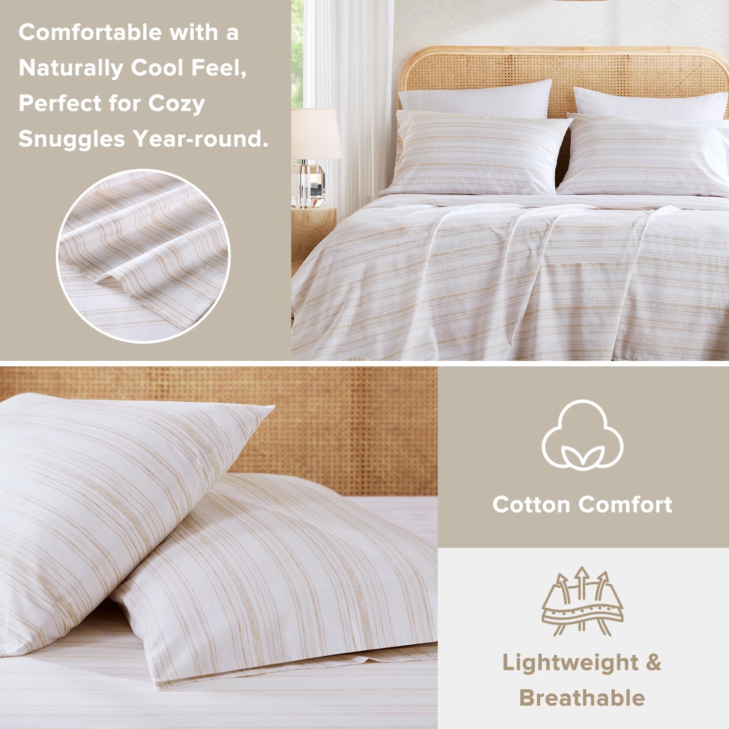 Comfort Spaces 100% Cotton Sheets Cal King, Breathable, Naturally Cool Cotton Sheets, Cotton Bed Sheets with 14" Elastic Pocket Fits up to 16" Mattress, All Seasons Sheet Set, Good Vibes Taupe 4 Piece