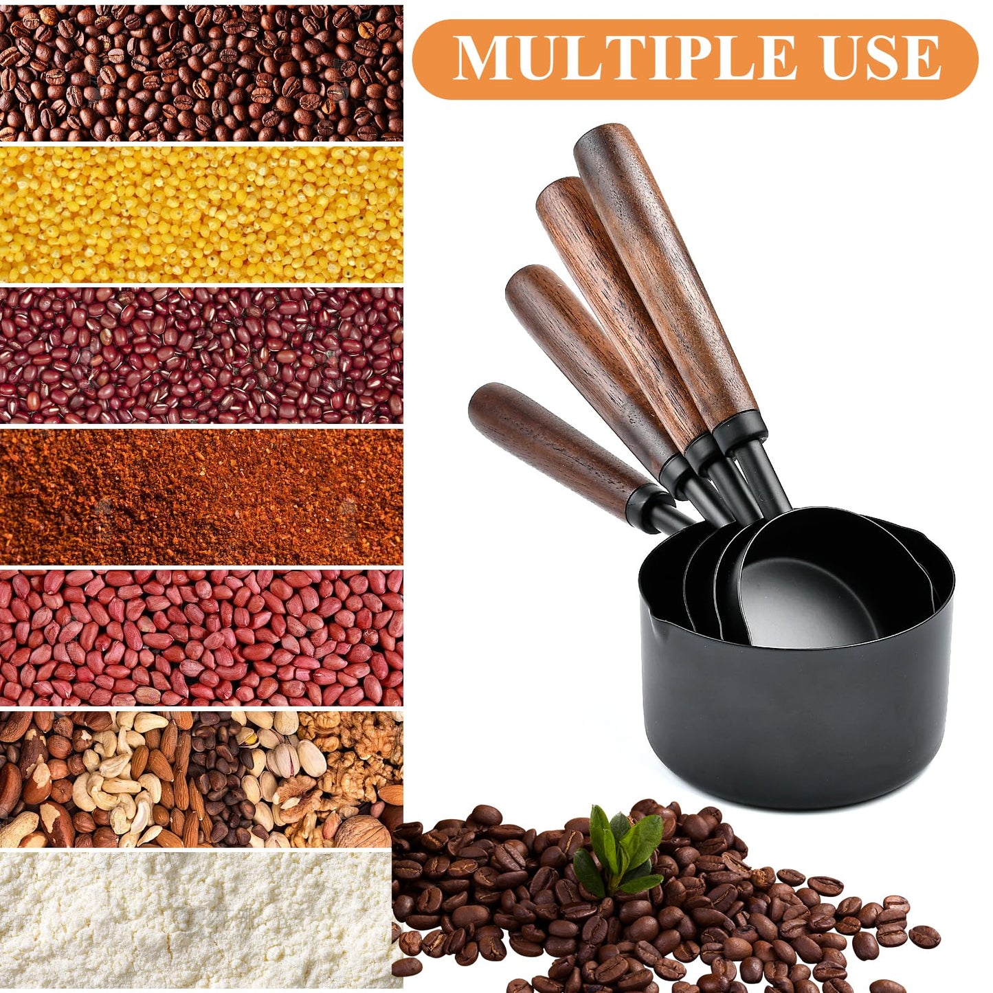 Milkary 4Pcs Measuring Cups with Wooden Handle, Black Stainless Steel Measuring Cups Scoops Set, Dog Food Scoop for Kitchen Flour Spice Seasoning Measurement Cooking (1, 1/2, 1/3, 1/4 Cup)