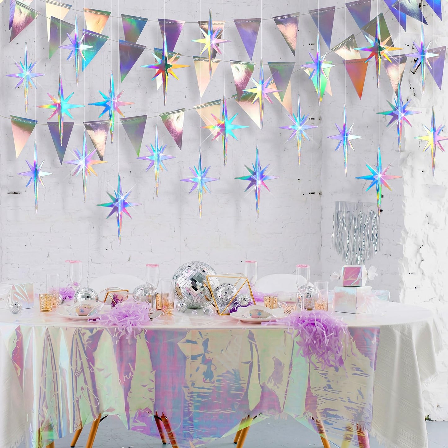 Novabright 16 Pcs Iridescent Hanging Star Party Decorations 3D Glittering Iridescent Explosion Star Ornaments 4.7" for Y2k Unicorn Disco Birthday Party Wall Ceiling Decor
