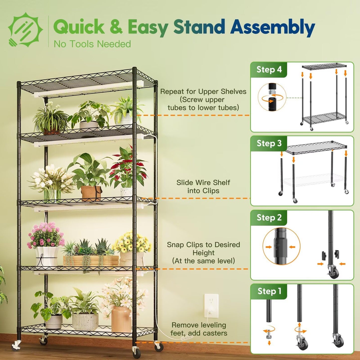 FREELICHT Plant Stand with Grow Light, 5 Tier Adjustable Plant Shelf with 4-Pack 30W LED Grow Lights, 2FT 5000K Full Spectrum Plant Light with Timer for Seedling, Seed Starting (29.5"x13.8"x61.5")