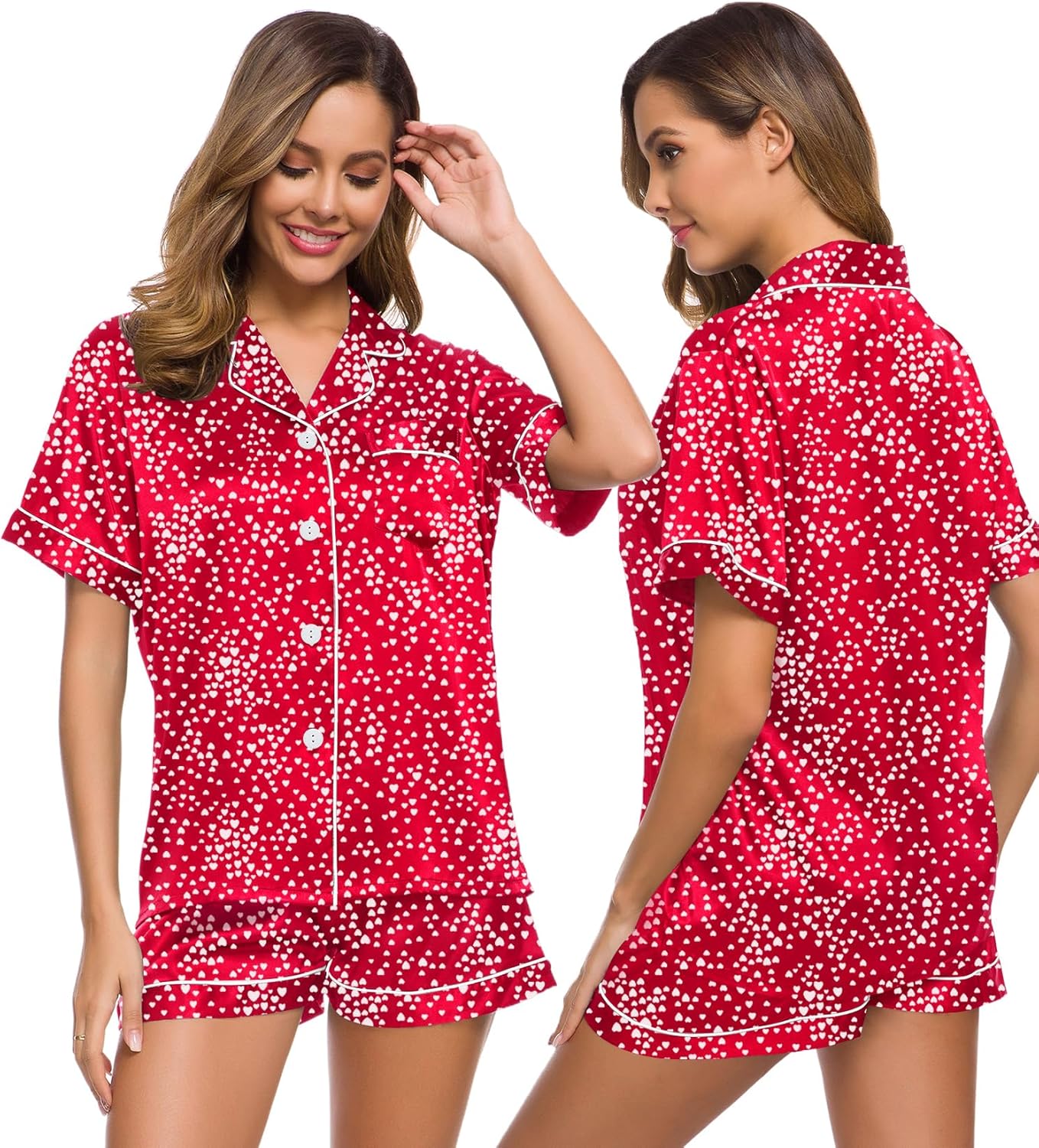 SWOMOG Womens Silk Satin Pajamas Set Short Sleeve Sleepwear Button Down Top and Shorts Loungewear 2 Piece Pjs Set XS-3XL