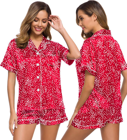 SWOMOG Womens Silk Satin Pajamas Set Short Sleeve Sleepwear Button Down Top and Shorts Loungewear 2 Piece Pjs Set XS-3XL