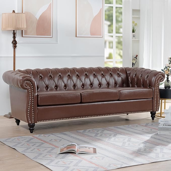 LEVNARY Chesterfield Sofa, Classic Tufted Upholstered Leather Couch, Modern 3