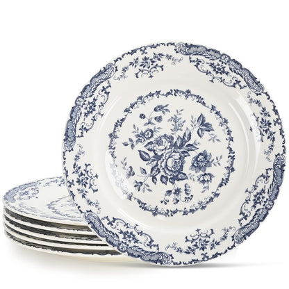 HomeElves Dinner Plates, Ceramic Plates Set of 6, Kitchen Plates Microwave Safe, White Plate Dessert Blue Floral Plate Porcelain (Blue Rose, 10.5 inch)