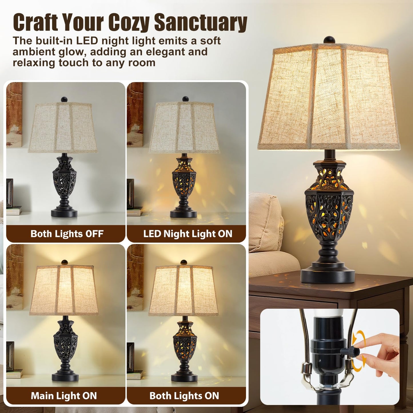EJIAXIN Lamps for Night Stands Set of 2-23.5" Vintage Bedside Lamp with USB A+C and Nightlight - Black Retro Carved Resin Farmhouse Table Lamp for Bedrooms, End Tables, Living Room, Bulbs Included