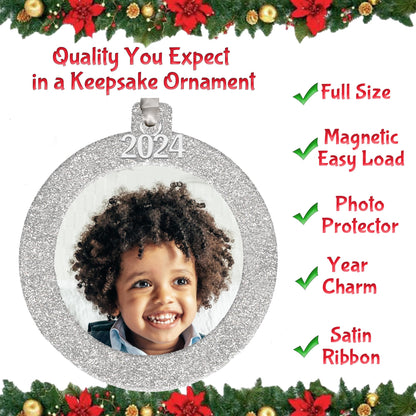 2024 Photo Ornaments for Christmas Tree, Sparkly Glitter Christmas Frame Ornament, Easy-Load Magnetic Design, Includes Satin Ribbon with Silver Charm Plus Photo Protector, Round, Blue